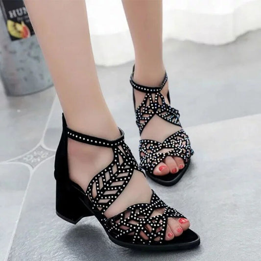 Aichashi New Style Women Summer Rhinestone Hollow Out Faux Leather Thick Heel Zipper Sandals Shoes Sexy Plus Size Ladies Sandals