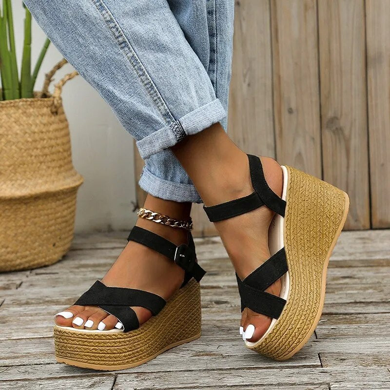 Aichashi Fashion Wedge Sandals for Women Summer Non-slip Peep Toe Platform Shoes Rubber Sole Buckle Elegant Heel Woman Sandale