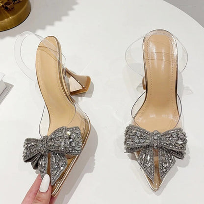 Aichashi Fashion Crystal Sequined Bowknot Women Pumps Sexy Pointed Toe High Heels Wedding Prom Shoes Ladies PVC Transparent Sandals