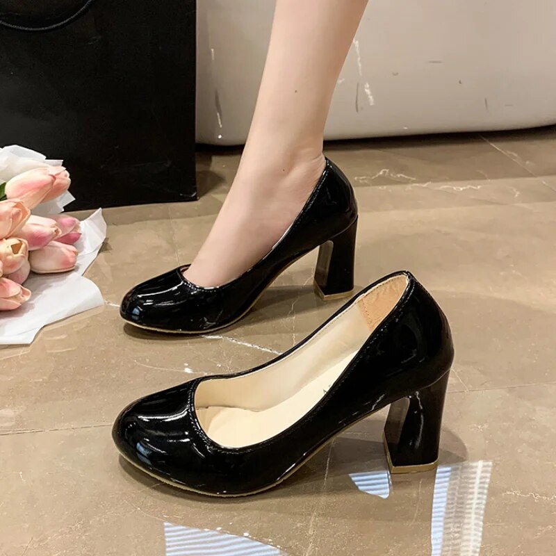 aichashi New Women's Square Heels Office Shoes Patent Leather High Heel Pumps Women Round Toe Slip-On Autumn Shoes for Female