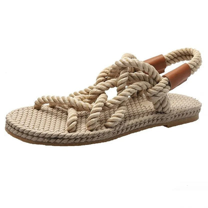 Aichashi 2024 Summer New Women's Roman Sandals Retro Open Toe Hand-woven Rope Non-slip Flat Shoes Casual Slip-on Outdoor Beach Shoes