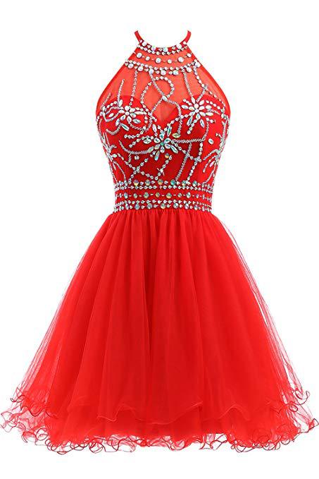 Aichashi dresses Slim-Fit Small Dress Halter Short Bridal Wedding Dress Banquet Evening Dress Lace New Red Women