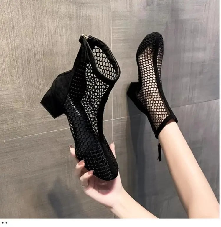 aichashi New Air Mesh Net Bling Women Shoes Summer Ankle Boots Thin High Heels Sexy Sandal Chelsea Boots Female