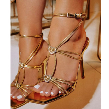 Aichashi Fashion Rhinestone Buckle Narrow Band Sandals Women Sexy Square Toe Wedding Banquet Shoes Thin High Heels Golden Sandals