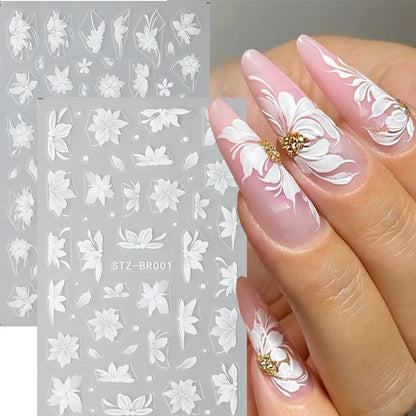 Aichashi Acrylic Flowers Nails Art Stickers White Floral Petal Leaf Sliders For Nails Wedding Design Manicure Decoration