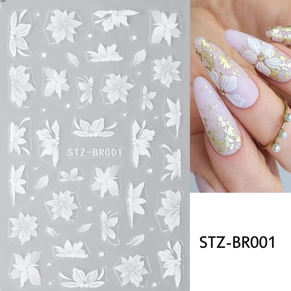 Aichashi Acrylic Flowers Nails Art Stickers White Floral Petal Leaf Sliders For Nails Wedding Design Manicure Decoration