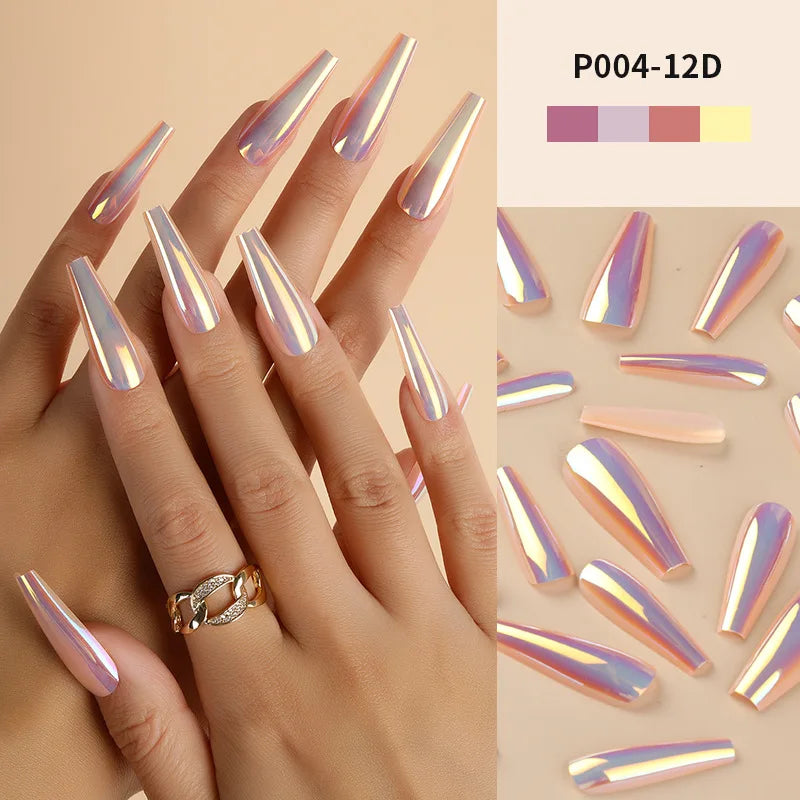 Aichashi 24Pcs/Box Ballerina Press on Nails Tips False Nail Art Full Cover Detachable Artificial Fake Nails Metal Mirror Powder Design