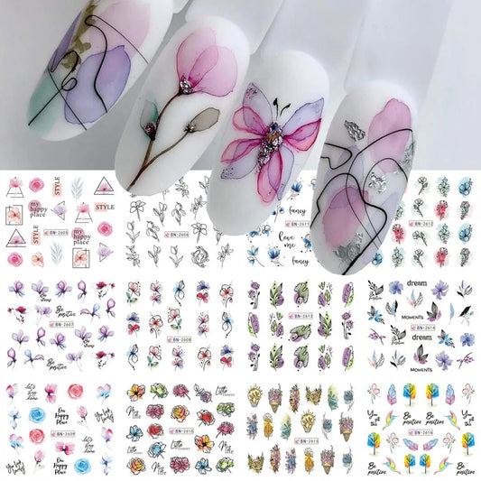 Aichashi 12 pcs Nail Sticker Set Summer Water Decal Nail Art Ink Flowers Leaves Graffiti Slider for Nail Decoration Foils Tattoo