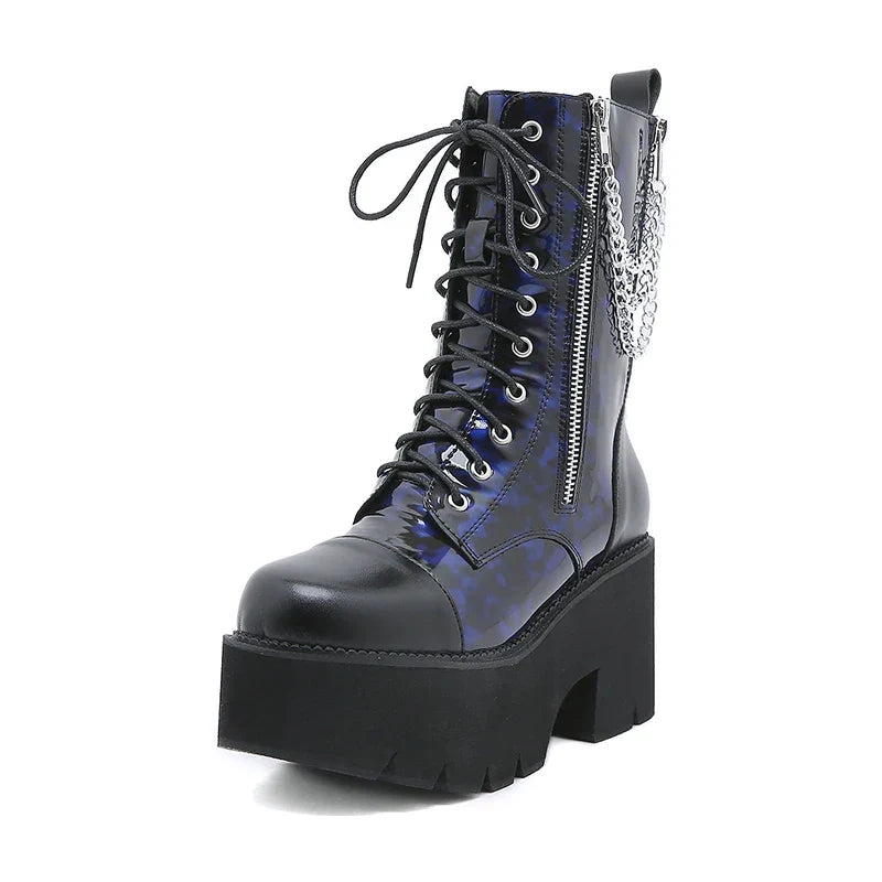 Aichashi Blue Chunky Platform Boots Women Mid Calf Combat Boots Chains Metal Decoration Gothic Rave Shoes Cosplay Accessories Goth