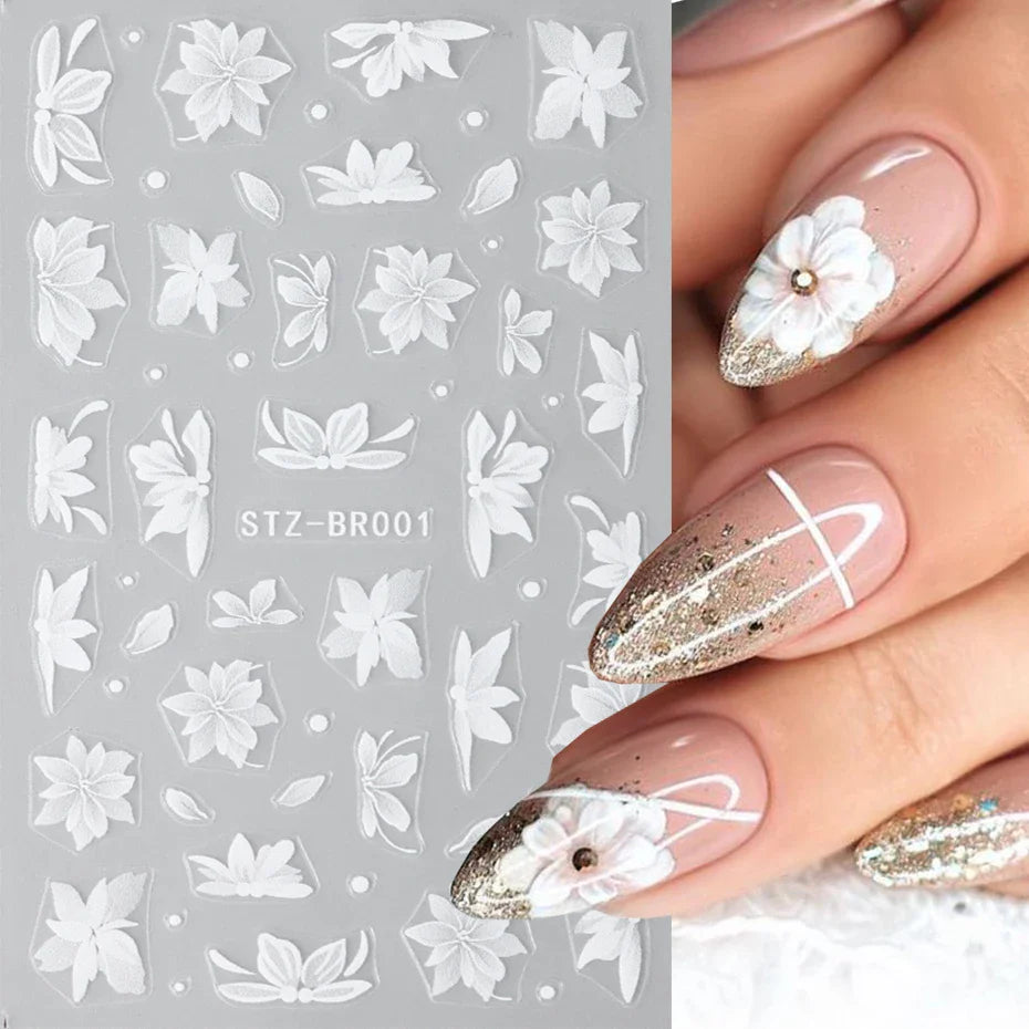 Aichashi Acrylic Flowers Nails Art Stickers White Floral Petal Leaf Sliders For Nails Wedding Design Manicure Decoration