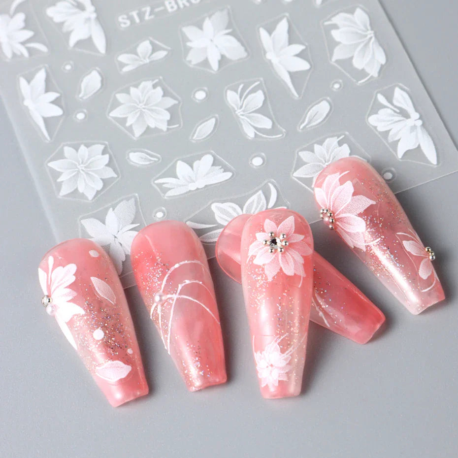 Aichashi Acrylic Flowers Nails Art Stickers White Floral Petal Leaf Sliders For Nails Wedding Design Manicure Decoration