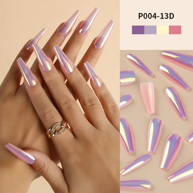 Aichashi 24Pcs/Box Ballerina Press on Nails Tips False Nail Art Full Cover Detachable Artificial Fake Nails Metal Mirror Powder Design