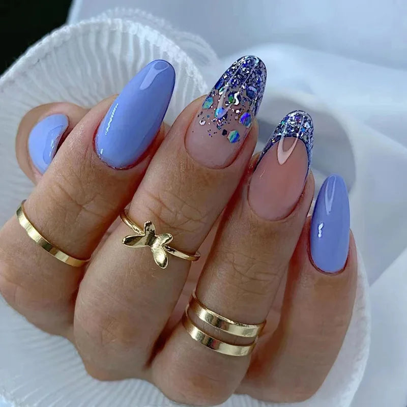 24pcs Almond Head False Nails Blue Gradient Design Fake Nails Art Full Coverage Waterproof Removable Artificial Press on Nails