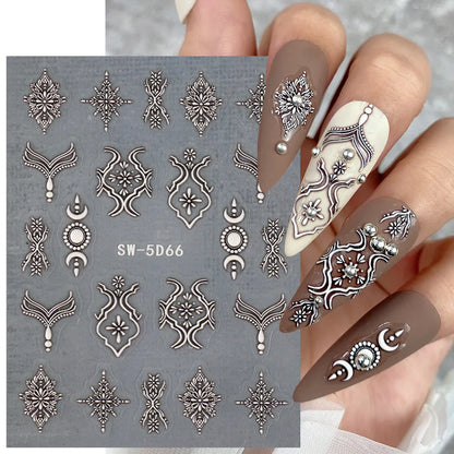 Aichashi 5D Embossed Filigree Stickers Nail Design Brown White Lace Necklace Adhesive Nail Decals Star Moon Carved Decor Sliders SASW-5D