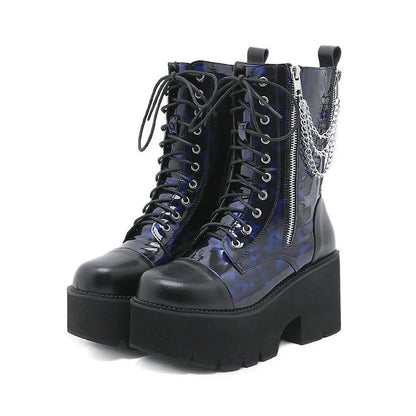 Aichashi Blue Chunky Platform Boots Women Mid Calf Combat Boots Chains Metal Decoration Gothic Rave Shoes Cosplay Accessories Goth