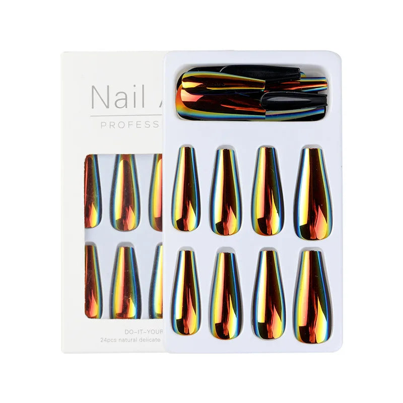 Aichashi 24Pcs/Box Ballerina Press on Nails Tips False Nail Art Full Cover Detachable Artificial Fake Nails Metal Mirror Powder Design