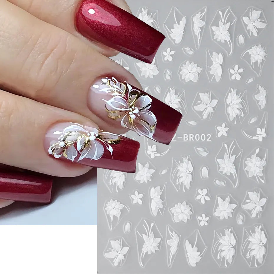 Aichashi Acrylic Flowers Nails Art Stickers White Floral Petal Leaf Sliders For Nails Wedding Design Manicure Decoration