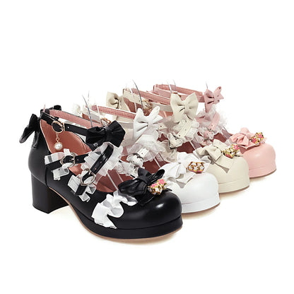 aichashi  -  Lolita Shoes Women High Heels Pendant Lace Straps Bow Cute Girls Princess Tea Party Pumps Students Lovely Plus Size 34-48