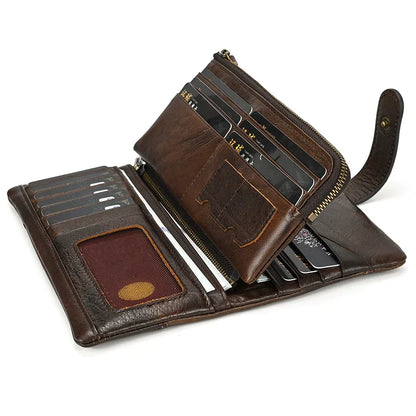 Aichashi Genuine Leather Long Wallet Man Women Credit Card Holder Clutch Purse Hasp Moible Phone RFID Blocking Wallet