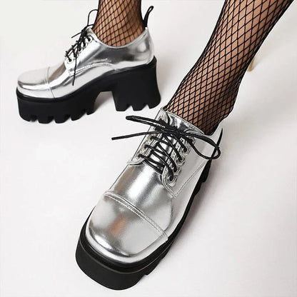 Aichashi New Fashion Silver Platform Shoes Harajuku Japanese School Shoes Women Chunky Heel Light Comfortable Gothicgirl Lace Up