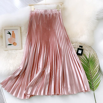 Aichashi High Waist Satin Pleated Skirt Autumn Solid Color Black Pink Blue White Long Skirt for Women