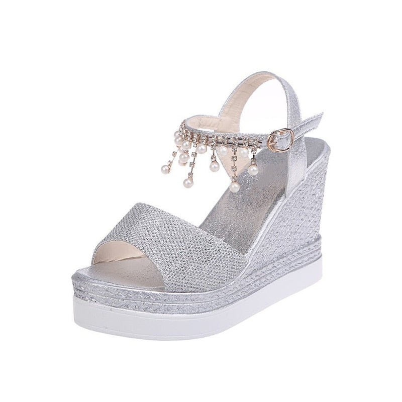 Aichashi New Women Wedge Sandals Summer Bead Studded Detail Platform Sandals Buckle Strap Peep Toe Thick Bottom Casual Shoes Ladie