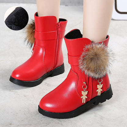 Aichashi New Winter Girls Boots Real Fur Ball PU Leather Kids Snow Boots Warm Plush Sneakers Children Shoes