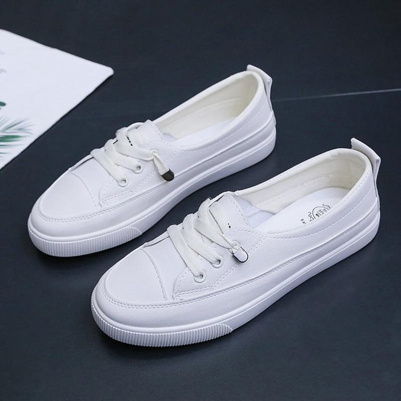 Aichashi Low Platform Sneakers Women Shoes Female Pu Leather Walking Sneakers Loafers White Flat Slip On Vulcanize Casual Shoes