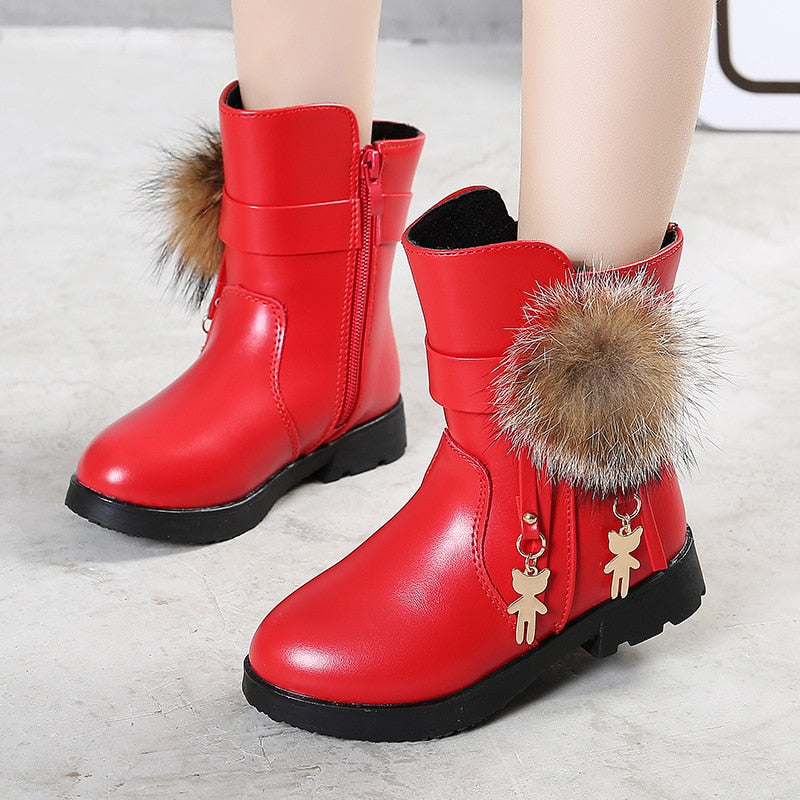 Aichashi New Winter Girls Boots Real Fur Ball PU Leather Kids Snow Boots Warm Plush Sneakers Children Shoes