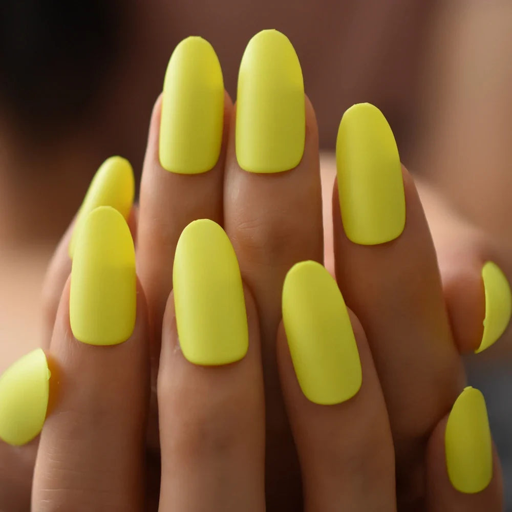 Aichashi Neon Yellow Medium False Nail Oval Attractive Matte Press On Nail Artificial Practice DIY Nail Decoration