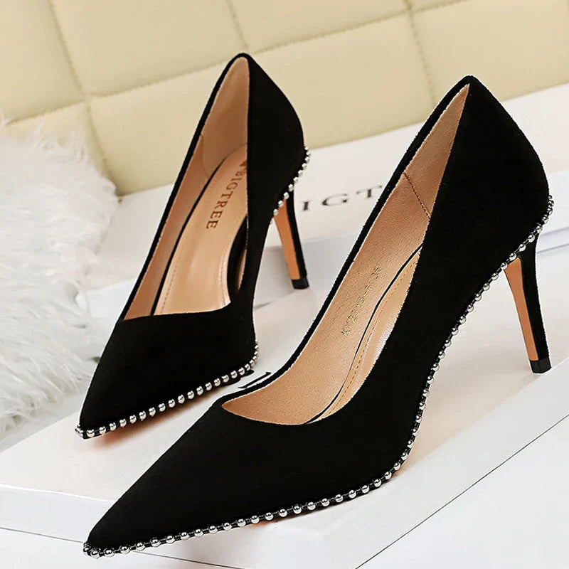 aichashi  -  Shoes Black Heels Metal Beads Woman Pumps Suede High Heels Stiletto Wedding Shoes Women Heels Female Plus Size 41 42 43