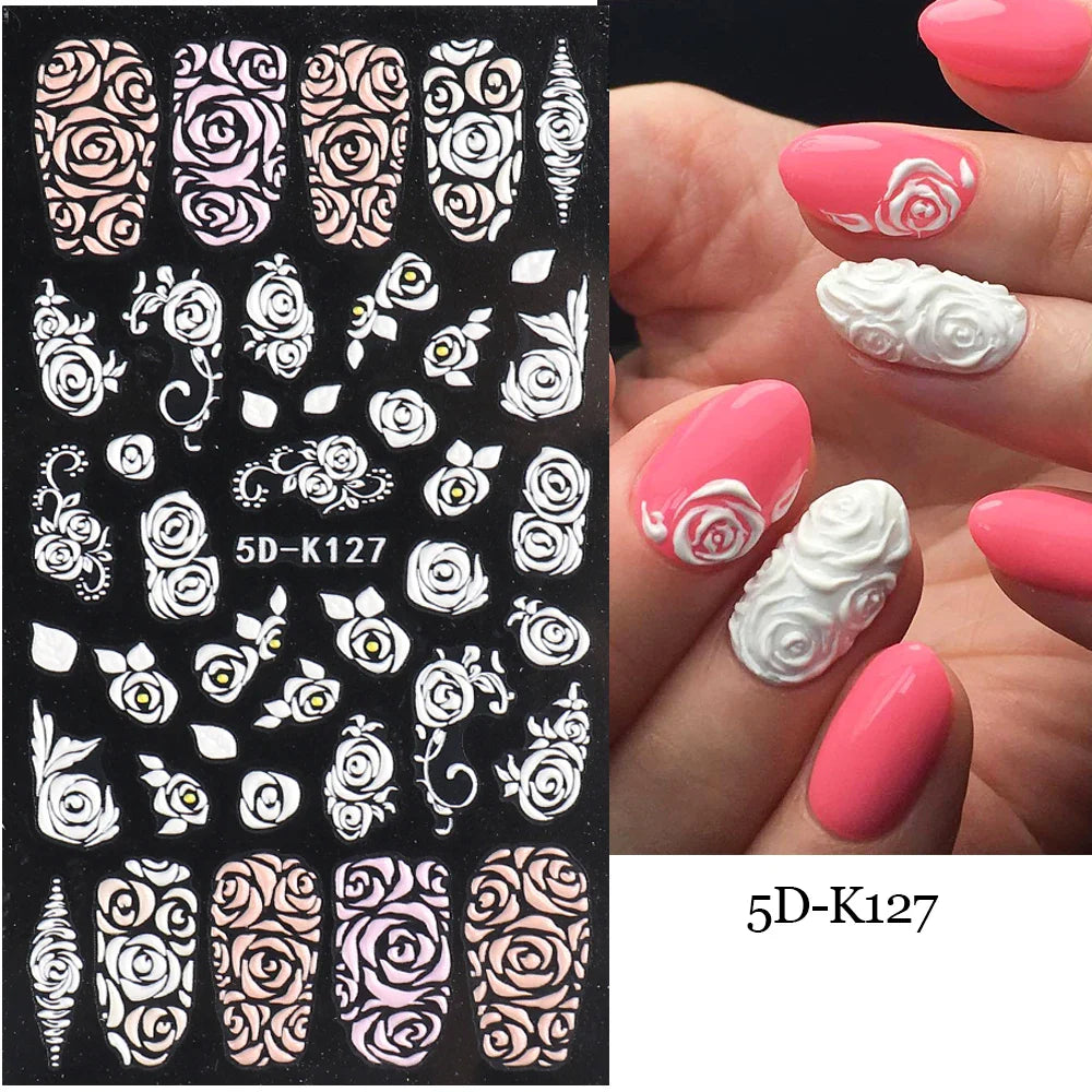 Aichashi 5D Embossed Nail Stickers Flowers Bird Geometric Lines Gold Frame Floral Nail Decals Cherry Blossom Y2K Manicure Decor