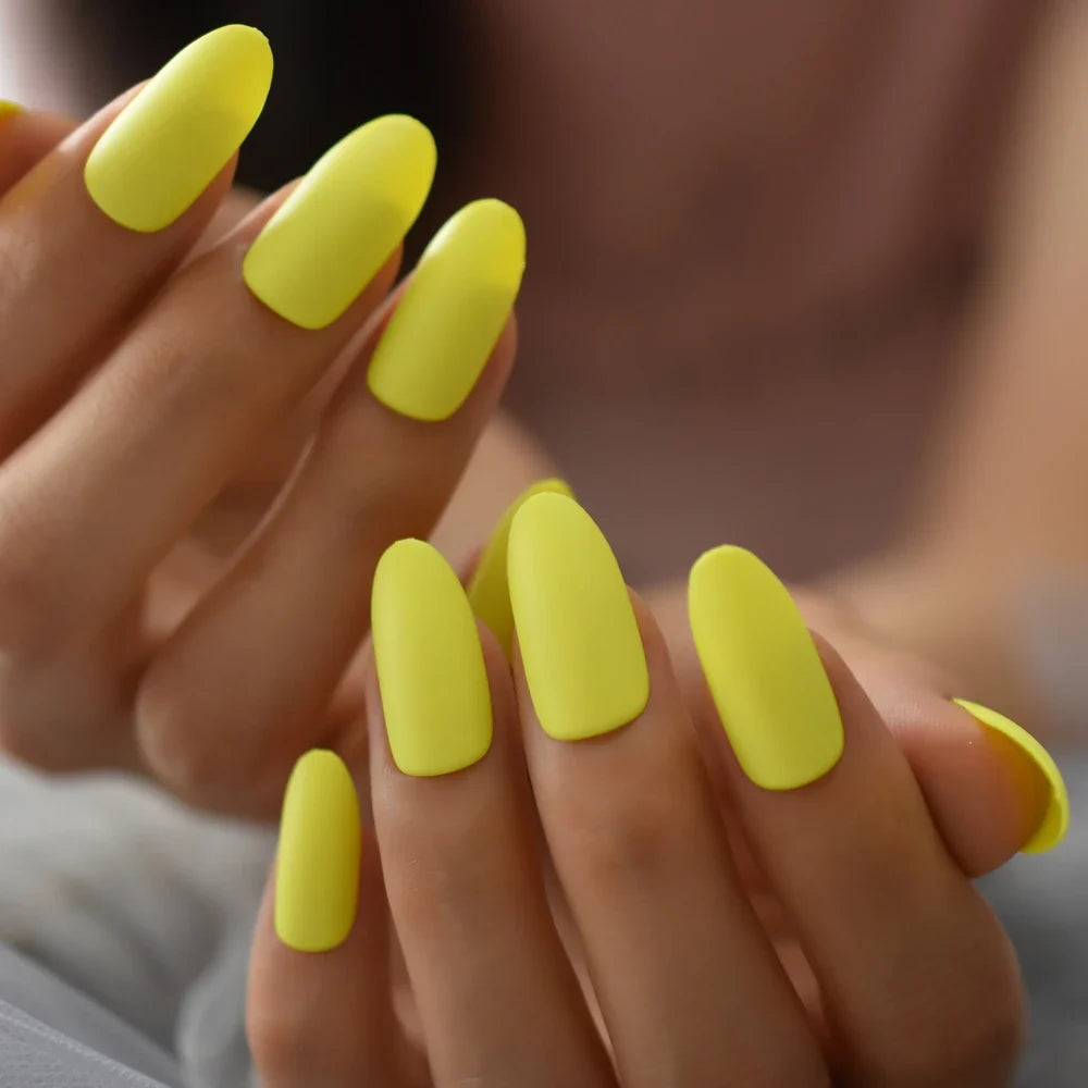 Aichashi Neon Yellow Medium False Nail Oval Attractive Matte Press On Nail Artificial Practice DIY Nail Decoration