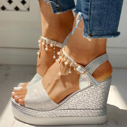 Aichashi New Women Wedge Sandals Summer Bead Studded Detail Platform Sandals Buckle Strap Peep Toe Thick Bottom Casual Shoes Ladie