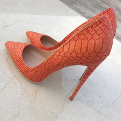 aichashi  -  Sexy Orange Croc-Effect Women Pointy Toe High Heels 12/10/8cm Slip On Stilettos Pumps Ladies Party Dress Shoes 34-45