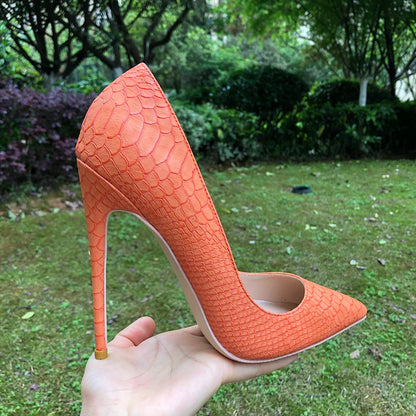 aichashi  -  Sexy Orange Croc-Effect Women Pointy Toe High Heels 12/10/8cm Slip On Stilettos Pumps Ladies Party Dress Shoes 34-45