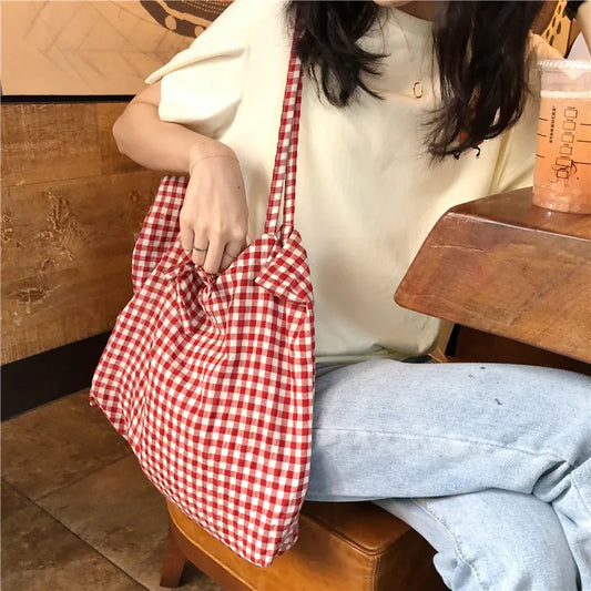 Aichashi Fashion Women's Canvas Tote Shoulder Large Shopping Bag Plaid Eco Large Capacity Ladies Purse Pouch Girls Student Book Handbags