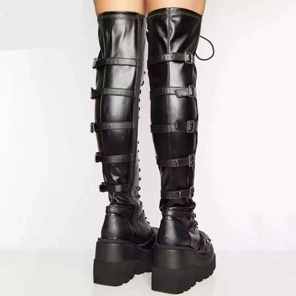 Aichashi Brand Design Female High Platform Thigh High Boots Buckle Strap Gothic Girls High Heels Boots Women Cosplay Wedges Shoes