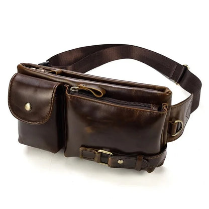 Aichashi Casual Genuine Leather Man Waist Pack Fanny Pack Belt Bag Phone Pouch Sporty Small Crossbody Bag Travel Chest Pack for Biker