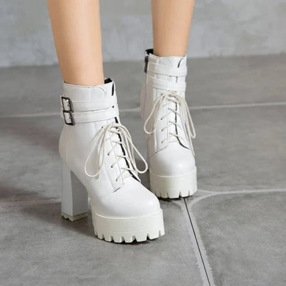 Aichashi New Fashion PU Lacing High Heel Boots Women Thick With Belt Buckle Ankle Boots Square Heels Bare Foot Shoes White