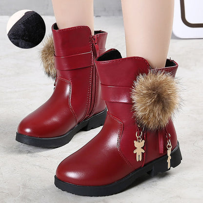 Aichashi New Winter Girls Boots Real Fur Ball PU Leather Kids Snow Boots Warm Plush Sneakers Children Shoes