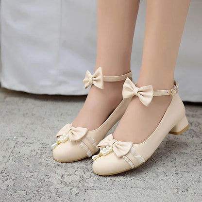 aichashi  -  Low Heels Women Lolita Shoes Ankle Strap Pumps Spring Autumn Bow Pearls Princess Lace Casual Cosplay Party Big Size 34-50