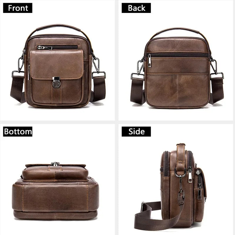 Aichashi Genuine Leather Men's Shoulder Bag Vintage Cowhide Double Zipper Pockets Multifunctional Messenger Bag Male Mini Handbag