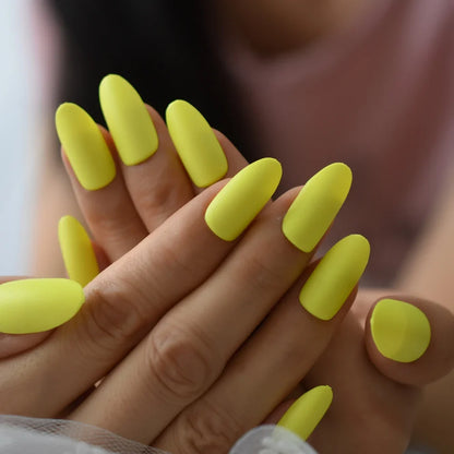 Aichashi Neon Yellow Medium False Nail Oval Attractive Matte Press On Nail Artificial Practice DIY Nail Decoration