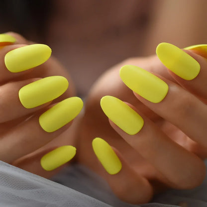 Aichashi Neon Yellow Medium False Nail Oval Attractive Matte Press On Nail Artificial Practice DIY Nail Decoration