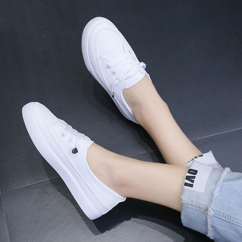 Aichashi Low Platform Sneakers Women Shoes Female Pu Leather Walking Sneakers Loafers White Flat Slip On Vulcanize Casual Shoes