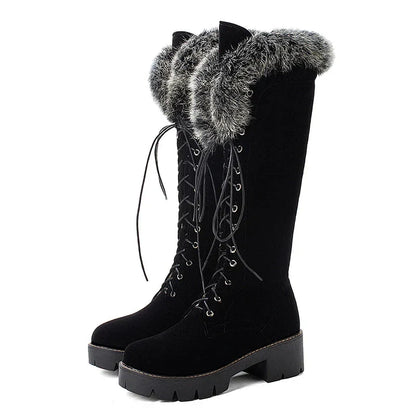 Aichashi Lace-up Winter Shoes Women Snow Boots Real Fur Boots Women Knee High Suede Thick Heel Warm Outdoor With Zip Big Size 43