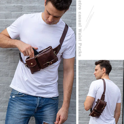 Aichashi Casual Genuine Leather Man Waist Pack Fanny Pack Belt Bag Phone Pouch Sporty Small Crossbody Bag Travel Chest Pack for Biker