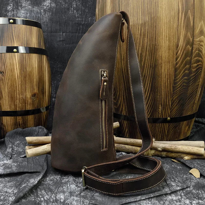 Aichashi Men's Crazy Horse Leather Sling Backpack Chest Bag Small Casual Travel Bag Vintage Cow Leather Crossbody Bag Cowhide Rucksack