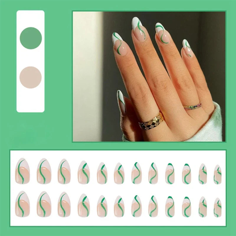 24pcs false nails matte Green Nails Patch with glue Removable Long Paragraph Fashion Manicure press on Nail tips